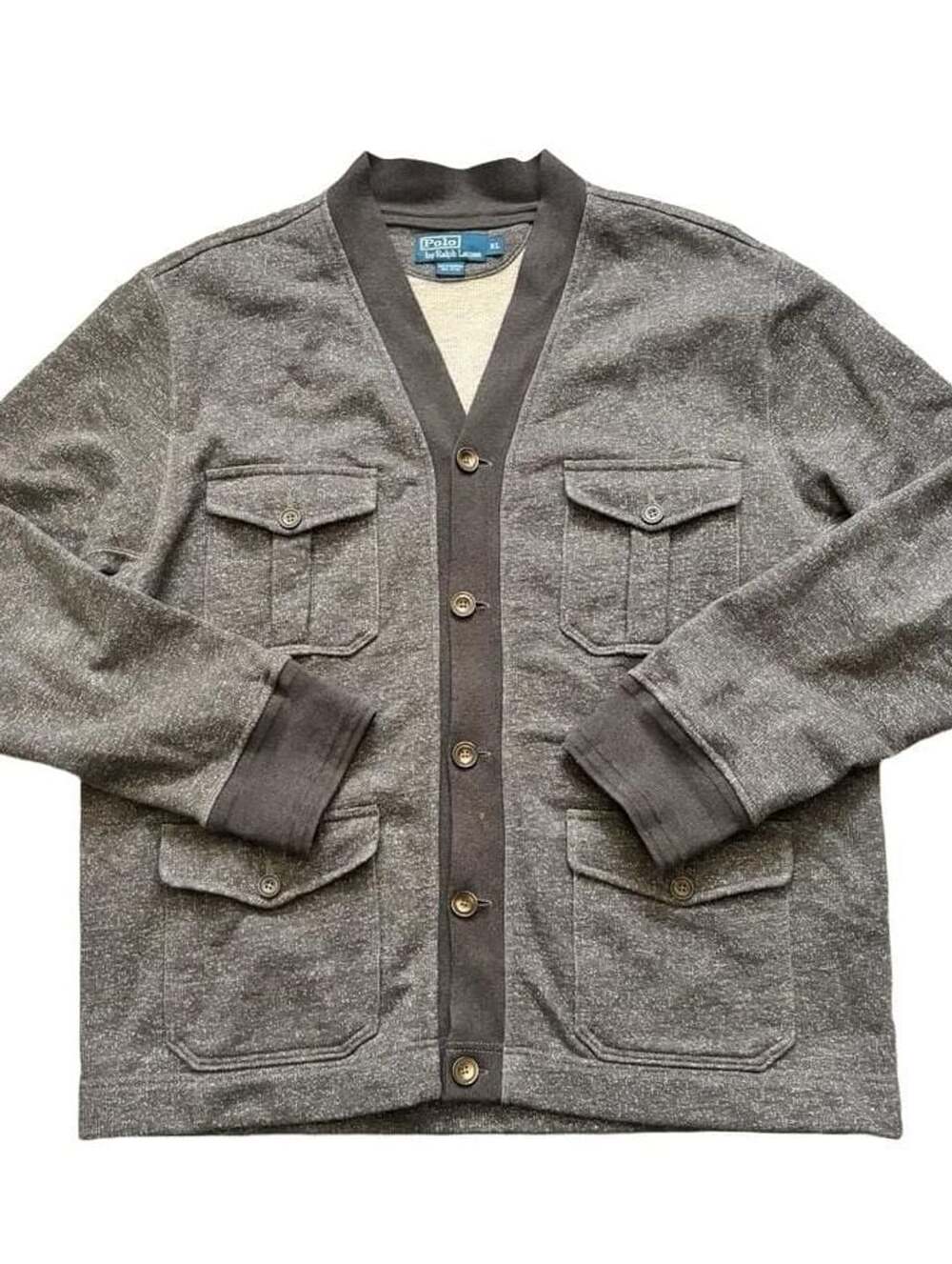 Vintage Polo Ralph Lauren Brown Marled French Terry cardigan XL 4 Pocket